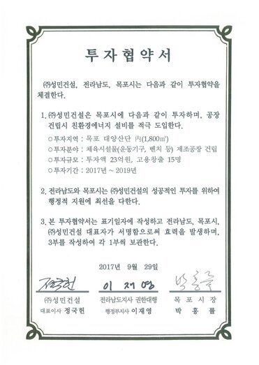 투자협약서
㈜성민건설, 전라남도, 목포시는 다음과 같이 투자협약을 체결한다.
1.㈜성민건설은 목포시에 다음과 같이 투자하며, 공장건립시 친환경에너지 설비를 적극 도입한다.
0 투자지역 : 목포 대양산단 시(1800㎡)
0 투자분야 : 체육시설물(운동기구, 벤치 등) 제조공장 건립
0 투자규모 : 투자액 23억원, 고용창출 15명
0 투자기간 : 2017년 ~ 2019년
2. 전라남도와 목포시는 ㈜성민건설의 성공적인 투자를 위하여 행정적 지원에 최선을 다한다.
3. 본 투자협약서는 표기일자에 작성하고 전라남도, 목포시, (㈜성민건설 대표자가 서명함으로써 효력을 발생하며, 3부를 작성하여 각 1부씩 보관한다.
2017년 9월 29일
(주)성민건설 대표이사 정국헌
전라남도지사 권한대행 행정부지사 이재영
목포시장 박홍률