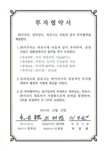 투자협약서
㈜가리미, 전라남도, 목포시는 다음과 같이 투자협약을 체결한다.
1.㈜가리미는 목포시에 다음과 같이 투자하며, 공장건립시 친환경에너지 설비를 적극 도입한다.
0 투자지역 : 목포 대양산단 A(6,667)
0 투자분야 : 마른김, 조미김 가공공장 건립
0 투자규모 : 투자액 40억원, 고용창출 20명
0 투자기간 : 2017년 ~ 2018년
2. 전라남도와 목포시는 ㈜가리미의 성공적인 투자를 위하여 행정적 지원에 최선을 다한다.
3. 본 투자협약서는 표기일자에 작성하고 전라남도, 목포시, ㈜가리미 대표자가 서명함으로써 효력을 발생하며, 3부를 작성하여 각 1부씩 보관한다.
2017년 12월 18일
(주)가리미 대표이사 임복남
전라남도지사 권한대행 행정부지사 이재영
목포시장 박홍률