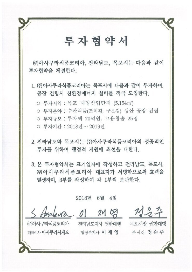 투자협약서
㈜아사쿠라식품코리아, 전라남도, 목포시는 다음과 같이투자협약을 체결한다.
1.㈜아사쿠라식품코리아는 목포시에 다음과 같이 투자하며,공장 건립시 친환경에너지 설비를 적극 도입한다.
o 투자지역 : 목포 대양산업단지 (5,154m)
0 투자분야 : 수산식품(조미김, 구운김) 생산 공장 건립
o 투자규모 : 투자액 70억원, 고용창출 25명
o 투자기간 : 2018년 ~ 2019년
2. 전라남도와 목포시는 (㈜아사쿠라식품코리아의 성공적인 투자를 위하여 행정적 지원에 최선을 다한다.
3. 본 투자협약서는 표기일자에 작성하고 전라남도, 목포시,(㈜아사쿠라식 품코리아 대표자가 서명함으로써 효력을발생하며, 3부를 작성하여 각 1부씩 보관한다.
2018년 6월 4일
(주)아사쿠라식품코리아 대표이사 아사쿠라시게오
전라남도지사 권한대행 행정부지사 이재영
목포시장 권한대행 부시장 정순주