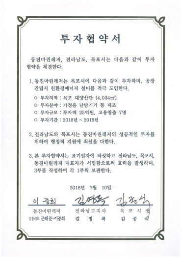 투자협약서
동진마린레저, 전라남도, 목포시는 다음과 같이 투자협약을 체결한다.
1. 동진마린레저는 목포시에 다음과 같이 투자하며, 공장건립시 친환경에너지 설비를 적극 도입한다.
o 투자지역 : 목포 대양산단 (4,034㎡)
o 투자분야 : 가정용 난방기기 등 제조
o 투자규모 : 투자액 25억원, 고용창출 7명
0 투자기간 : 2018년 ~ 2019년
2. 전라남도와 목포시는 동진마린레저의 성공적인 투자를 위하여 행정적 지원에 최선을 다한다.
3. 본 투자협약서는 표기일자에 작성하고 전라남도, 목포시, 동진마린레저 대표자가 서명함으로써 효력을 발생하며, 3부를 작성하여 각 1부씩 보관한다.
2018년 7월 10일
동진마린레저 공동대표 문태준,이중희
전라남도지사 김영록
목포시장 김종식